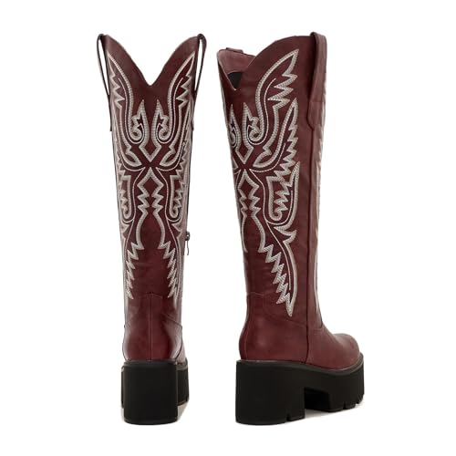 Image of Uillnoodu Women's Red Platform Cowgirl Boots with Zipper - Western Knee-High Chunky Sole Cowboy Boots