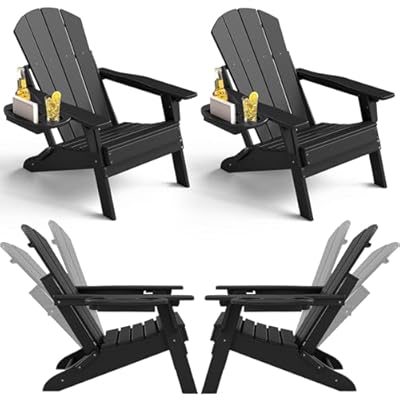 NAVINE Adjustable Adirondack Chair Set of 4 with Cup Holder, All Weather HDPE Fire Pit Chairs for Deck, Backyard, Patio, Black