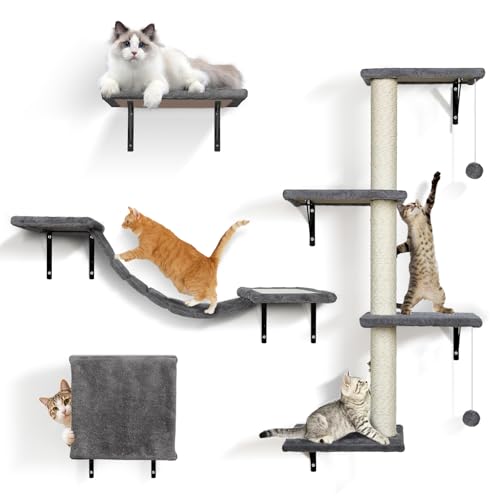 Masthome Cat Wall Furniture Set, 4-in-1 Stable Wall Mounted Cat Shelves with Scratching Post, 4-Step Ladder, Play Tower & Cat House for Indoor Cats - Grey