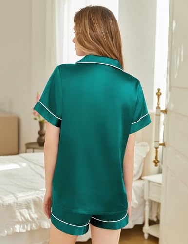 Image of Silk Pajamas for Women Short Sleeve Sleepwear Soft Button Down Loungewear 2 Piece Satin Pjs Shorts Set S-XXL