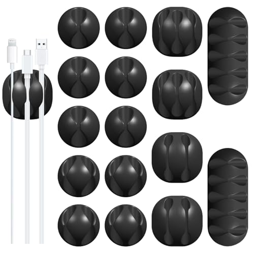 16 unidades de organizador de cables para escritorio, negro, clips ajustables para cables, ideal para cargadores de teléfono, PC, TV, escritorio, pared, coche y hogar miniatura 1