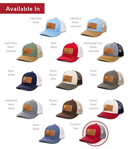 American Flag Usa Genuine Leather Patch Mesh Back Trucker Hat - Adjustable Snapback Baseball Cap For Men & Women (Cardinal/Grey) #TOP6