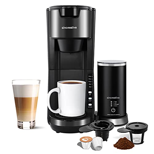 Coffee Maker with Milk Frother, Single Cup Coffee Machine for K Cup Pod and Ground Coffee Fast Brew Single Serve Coffee Maker, 6 to 14oz Brew Sizes Compact Coffee Brewer