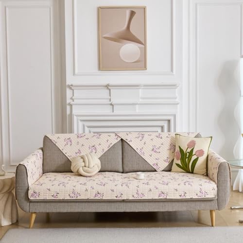 Image of HOMETHREADS Anti-Skid Sofa Protector Mat: Premium Printed Cotton Slipcover with Strong PVC Non-Slip Backing, (Beige Purple, 2Pc Armrest Mat | 50x75cm)