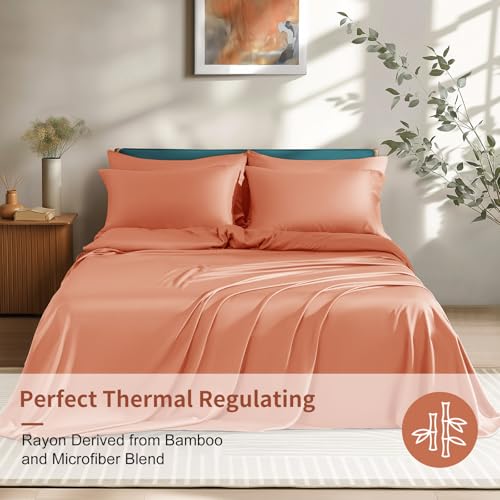 Image of Shilucheng 6 Piece Queen Sheet Sets, Cooling Sheets, Blend Rayon Derived from Bamboo, Deep Pocket Up to 16 inch, Breathable & Soft Bed Sheets, Hotel Silky Bedding Set, Coral