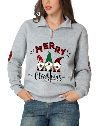 Glimnerize Christmas Womens Tops Sweatshirt Gnome 1/4 Zip Standing Collar Funny Graphic Christmas Jumper Hoodie Grey-A7 XXL