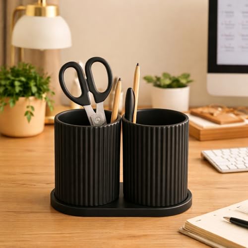 Image of Aesthetic Toothbrush Holder for Bathroom, Dual Cup Ribbed Design, Toothbrush & Toothpaste Organizer Stand, Modern Bathroom and Stationery Accessories Holder