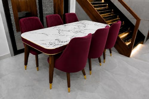 Image of WOODEN SPACE 6-Seater Wooden Dining Table Set | Nano Composite Marble Top | Solid Wood Base | Modern Dining Room Furniture with 6 Chairs (Maroon Frontline)