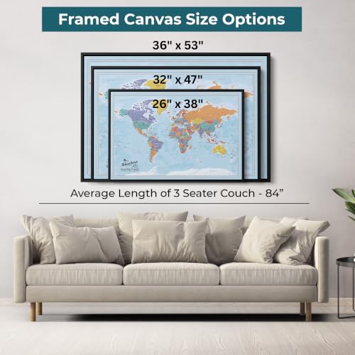 Image of Blue Oceans World Push Pin Map Canvas - Personalized Travel Gift - Framed Wall Decor - Silver Float Frame - 30 inch x 45 inch