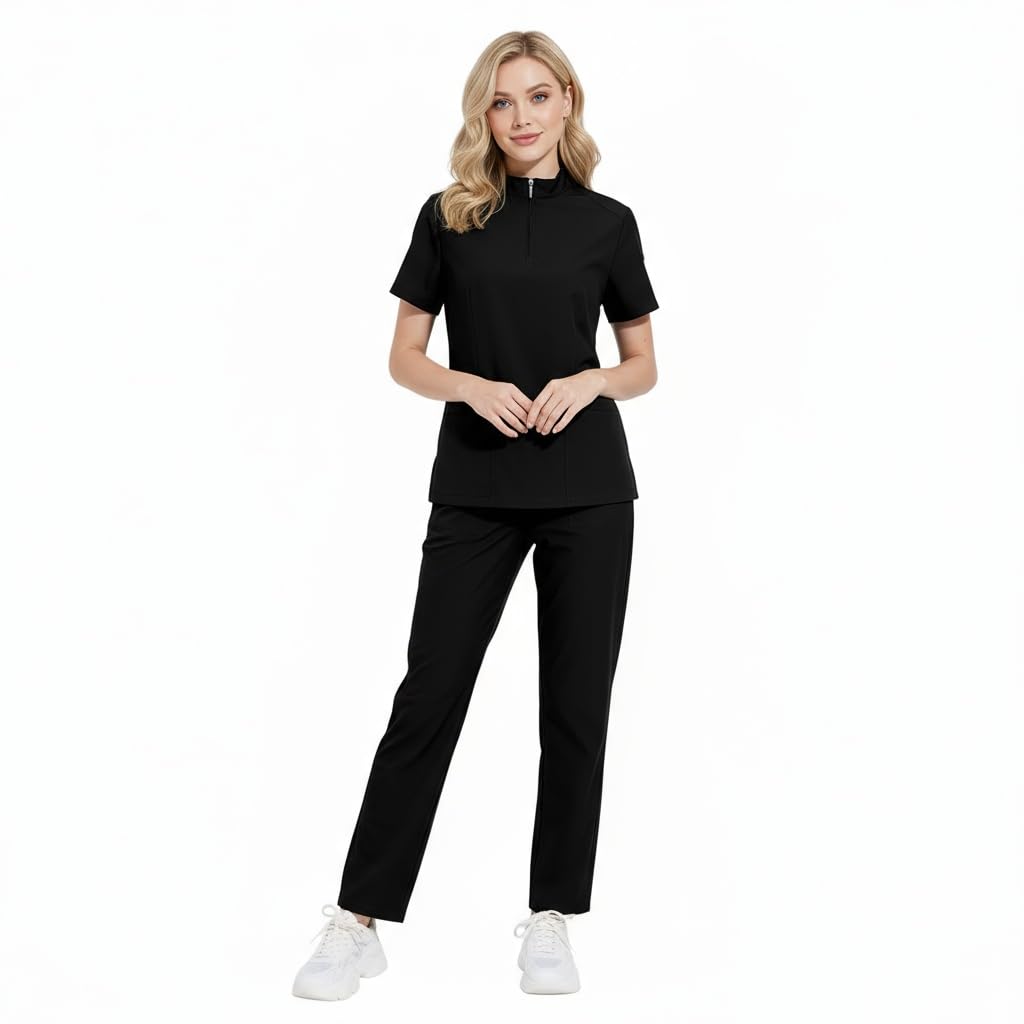 Set de uniformes médicos para mujer con cuello en V y cremallera, cuatro bolsillos, pantalón de yoga elastizado, uniforme de trabajo para atención médica, salón de belleza DK50