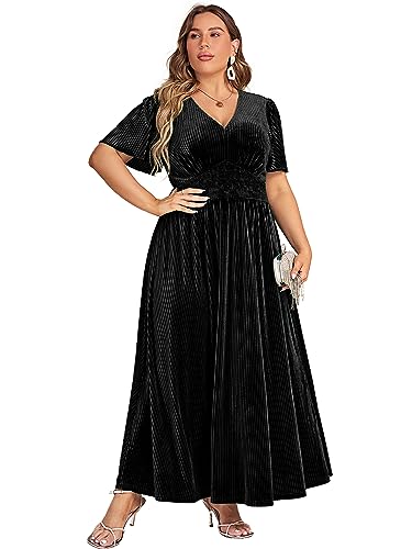 Image of Simplee Women's V Neck Velvet Maxi Dress Short Sleeve Empire Waist Long Formal Dress for Wedding Guest