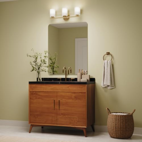 Image of Progress Lighting Replay 22 Inch 3-Light Vanity Light, Transitional, Brushed Gold with Etched Glass Shades, (7.875 inch H x 22 inch W x 6 inch D), P2159-191
