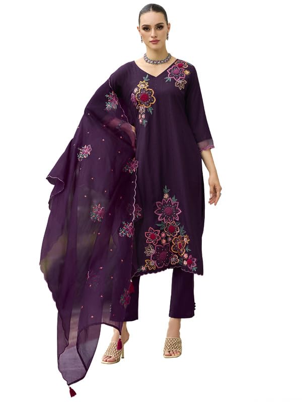 Image of INDO ERA Silk Women's Embroidered Straight Kurta Pant With Dupatta (Ieout7880)