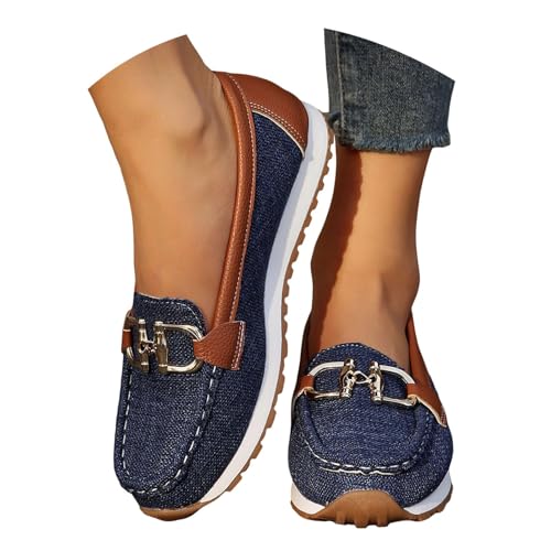 Loafers skor för kvinnor, loafers och mockasiner, damer vardag slip-on ortopediskt läder kil loafer komfort låg topp lädersko lätt plattform rund tå affärssko, E Blå, 6.5 UK Wide