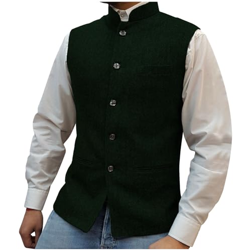 Mens Herringbone Wool Vests Suit Business Tweed High Collar Slim Fit Waistcoats