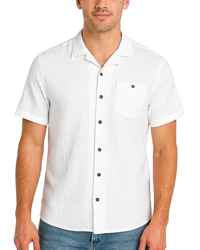 SUPER TRIPLE GOOSE Mens Short Sleeve Button Down Shirts - Relaxed Fit Camp Collared Shirts for Men with Chest Pocket (S-2XL), Size X-Large, White