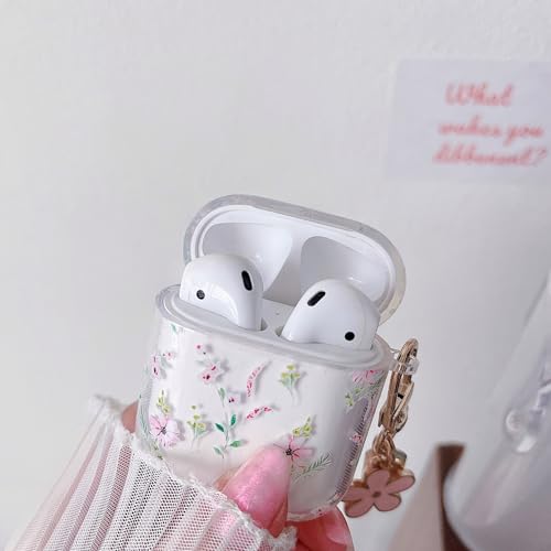 Image of MINSCOSE Compatible with AirPods 1&2 Clear Case, Cute Cartoon Flower Pattern Design with Aesthetic Floral Keychain Soft TPU Protective Shockproof Cover for AirPods 1&2 for Women Girls-Pink