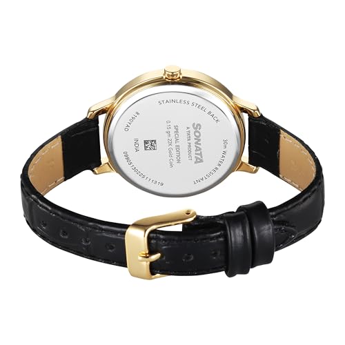 Image of Sonata Gold Quartz Analog Black Dial Leather Strap Watch for Women