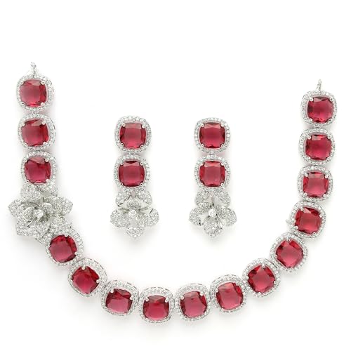 Image of ZENEME Jewellery Set Classic Style Rhodium Plated AD /American Diamond Studded Silver Plated Bejeweled Rose Necklace Jewellery Set for Women & Girls