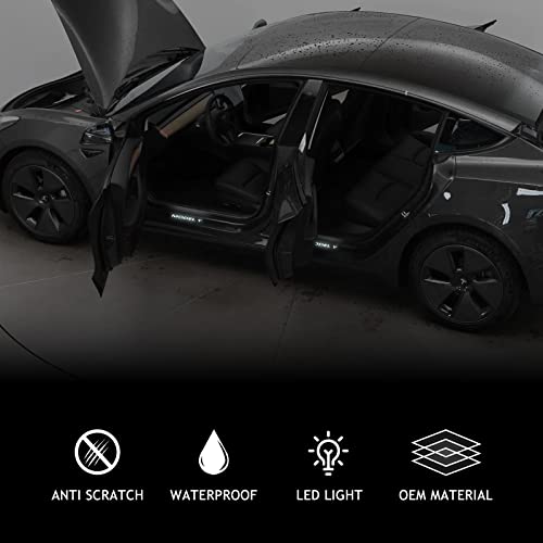 Tesplus Tesla Illuminated Door Sill Protector For 2020-2023 Model Y,4Pcs Black Welcome Pedal With Led Light,Magnetic Control Illumination Scuff Plate Door Entry Guard For Tesla Model Y Accessories #TOP2