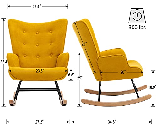 Vescasa Chenille Rocking Chair With Tufted Wingback，23.5" Wide Midcentury Modern Rockers With Arms For Nursery/Reading Room/Living Room/Bedroom, Mustard Yellow #TOP4