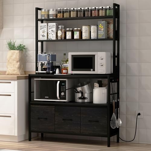 Bakers Rack with Power Outlet,5-Tier Free Standing Kitchen Storage Shelf Bakers Rack with Baskets,Industrial Microwave Oven Stand,Metal Kitchen Rack Organizer with Hooks(Black)