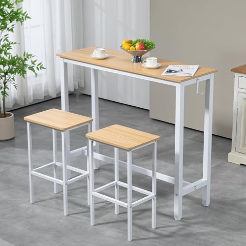 Finnhomy Bar Table Set, 47\" Pub Table High Top Table, Rectangular Bar Height Table, Bar Table with Stools, Kitchen Table Set for 2, Industrial Breakfast for Kitchen, Living Room, Oak Beige and White