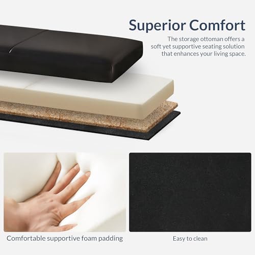 Image of BELLEZE Storage Faux Leather Ottoman, 47 Inch Bench Bedroom Bench with Safety Close Hinge, Extra Long Ottoman with Storage for Living Room, Entryway, Hallway, Foot Rest, Support 300lbs - Black
