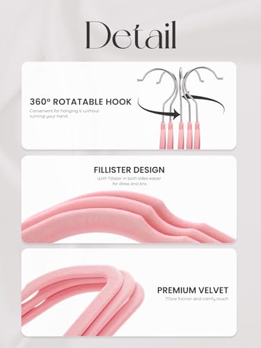HOUSE DAY Kleiderbügel Samt 20 Stück - Kleiderbügel Platzsparend, Anzugbügel, Dünne Bügel rutschfest Hosenbügel 360° Drehbarer Haken breit kleiderbügel Schwere Samtbügel für Kleider - Rosa