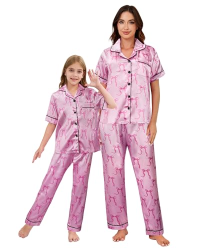 Mommy and Me Pajamas Mother Daughter Family Matching Sleepwear Button Down Silky Satin Short Sleeve Nightwear Pink Bow,14Y