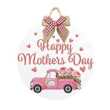 Happy Mother's Day Welcome Sign Wreath, Round Wooden Hanging Door Sign Carnation Pattern Red Heart D