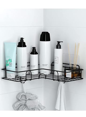 Bathroom Organizer Corner Shelf Black with Side Hanger