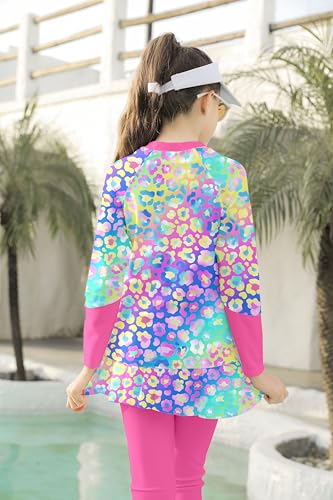 Image of Girls Long Sleeve Rashguard Half Zip Swimsuits UPF 50+ Two Piece Swim Sets with Hairband 5-12Y | Two Piece Swim Sets with Hairband