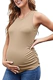 UNCLECAT Women's Maternity Tank Tops Summer Sleeveless Crewneck Ribbed Slim Fitted Blouse Side Ruched Pregnancy Shirts Khaki