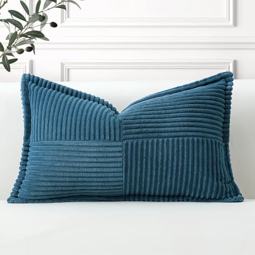 Image of Artscope Striped Corduroy Cushion Covers with Splicing Super Soft Boho Pillow Covers Broadside Decorative Textured Throw Pillows for Couch Sofa Bed Living Room 30x50cm, Teal