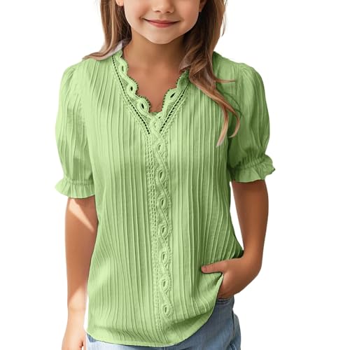 Kids Girls Elegant Plain Lace Shirts Solid V Neck Short Ruffled Sleeve Tops 2025 Trendy Casual Aesthetic Blouse Tees
