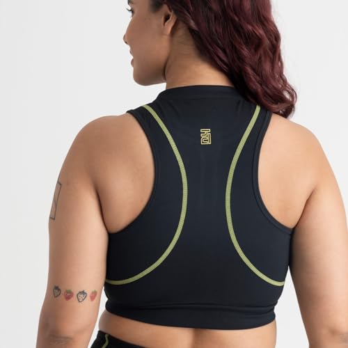 Image of HUNNIT 2 in 1 Sports Bra Crop Top for Women with Front Zipper| High Neck Racerback Sports Bra| Medium Coverage| Lightly Padded| Stretchable Sports Bra for Gym Workout| Sweat Wicking Fabric