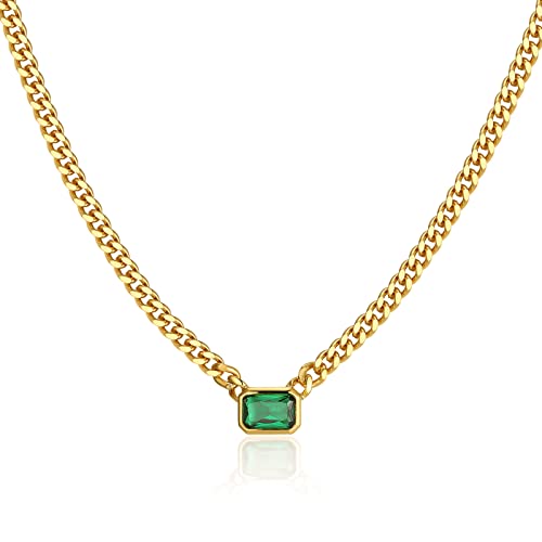 Espere Emerald Cut Emerald Green Baguette Necklace | Baguette Emerald Cz Cuban Link Chain Choker 14'' With 2'' Extender #TOP16