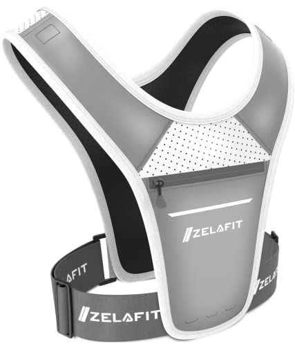 ZelaFit® Chaleco reflectante para correr, bolsa impermeable para teléfono y soporte para llaves, tamaño/peso ajustable, ligero para hombres y mujeres, color plateado