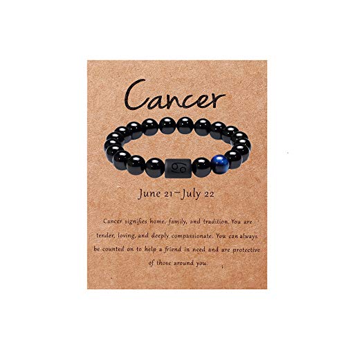 Zodiac Bracelet for Couple 8mm 10mm Natural Black Onyx Stone Bead Bracelet for Men Women Star Sign Constellation Distance Friendship Prayer Blessing Bracelet Jewellery Gifts (Cancer, Men 10mm bead 7.3")