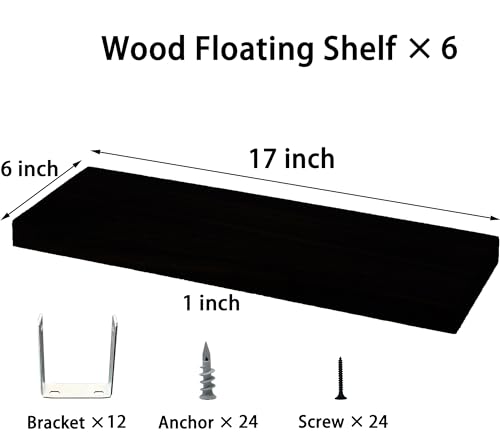Wood Floating Shelves for Wall, Wooden Wall Shelves for Bedroom, Wall Mounted Shelves for Living Room, Set of 6 Black - Image 4