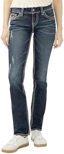 Silver Jeans Damen Straight Leg Jeanshose Suki Mid Straight, Gr. W28/L34 (Herstellergröße: 28), Blau (Indigo SDI349)