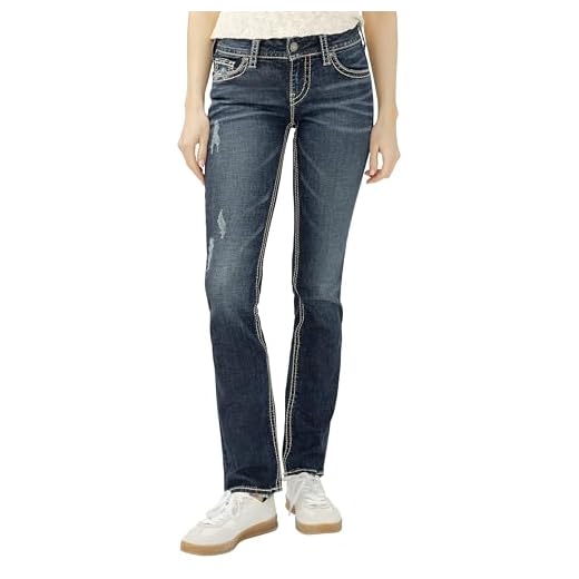 Silver Jeans Co. Women's Suki Mid Rise Straight Leg Jeans, Dark Blue Wash, 34W X 34L