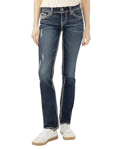 Silver Jeans Co. Women's Suki Mid Rise Straight Leg Jeans, Dark Blue Wash, 36W X 32L