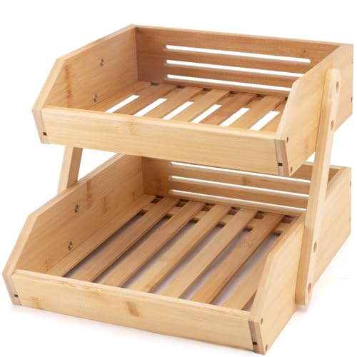 LEIMO KPARTS 2 Tier Bamboo Fruit Basket Stand For Kitchen Counter,Fruit Bowl Holder For Kitchen Countertop,Fruit Vegetable Storage Basket (2 Tier Bamboo)