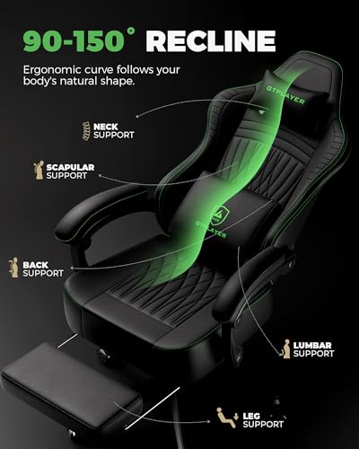Image of GTPLAYER Gaming Chair for Adults, Ergonomic Video Game Chairs, Footrest & Linkage Armrest, Reclining High Back Silla Gamer with Wider Seat for Home Office, Ace Pro, Black & Green