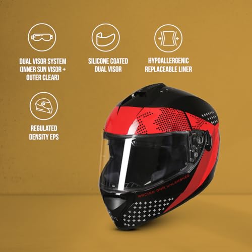 Image of TVS Racing Phantom Series Full Face Dual Visor Helmet for Men | Premium Bike Helmets with ABS Shell, UV Paint | Quick Release System | Aerodynamic Design | DOT & ISI Certified