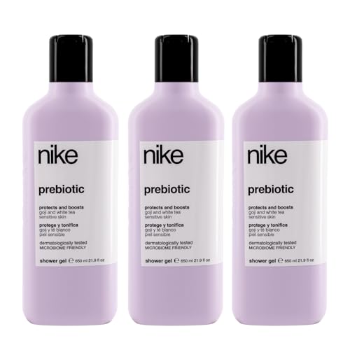 NIKE - Gel de Baño Prebiótico 3x650 ml, Pack 3, Gel Ducha, Protege y Tonifica, con Goji y Té Blanco, Equilibrio Natural de la Piel, Fórmula Respetuosa con el Microbioma Cutáneo, Cuidado de la Piel