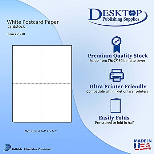 Heavyweight Blank Postcard Paper for Printing - White - 250 Sheets / 1000 Postcards - Perforated 4 per Sheet - Thick 80lb Cover Cardstock - Inkjet/Laser Printable - Thumbnail 2