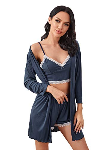 SheIn Women's 3pcs Contrast Lace Sleepwear Cami and Shorts Pajama Set with Robes Navy Blue L